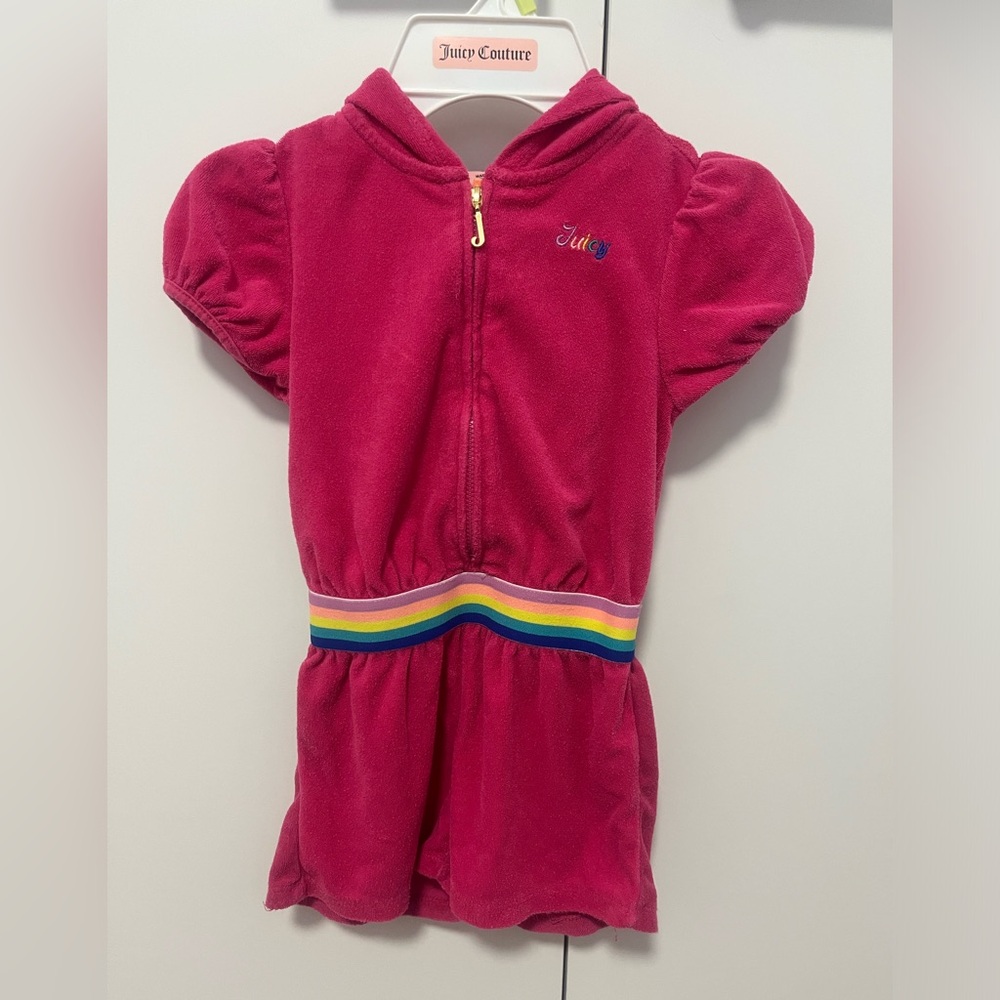 Juicy Couture Fuchsia Hooded Short Romper with Rainbow Waistband - 4T
